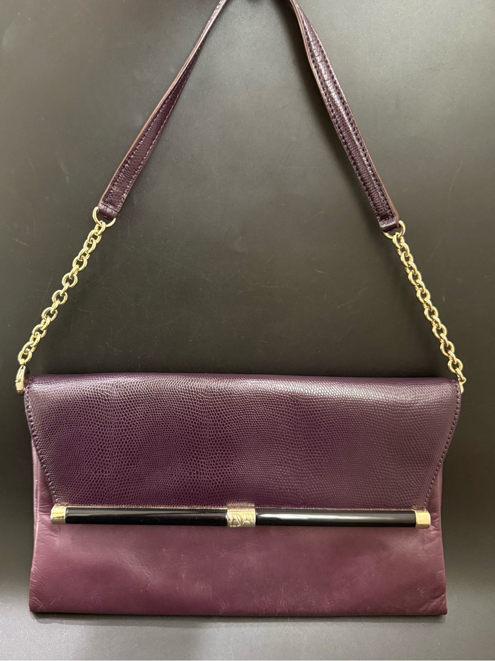 DVF Diane Von Furstenberg Aubergine Plum 400 Envelope Leather Shoulder Bag
